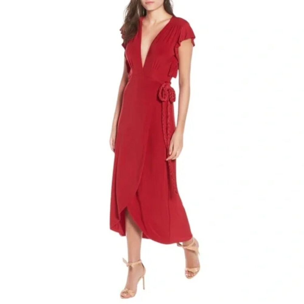 MISA LOS ANGELES RED WRAP MAXI DRESS | SILKY DRAPE | RESORT TO WEDDING SIZE S‎
